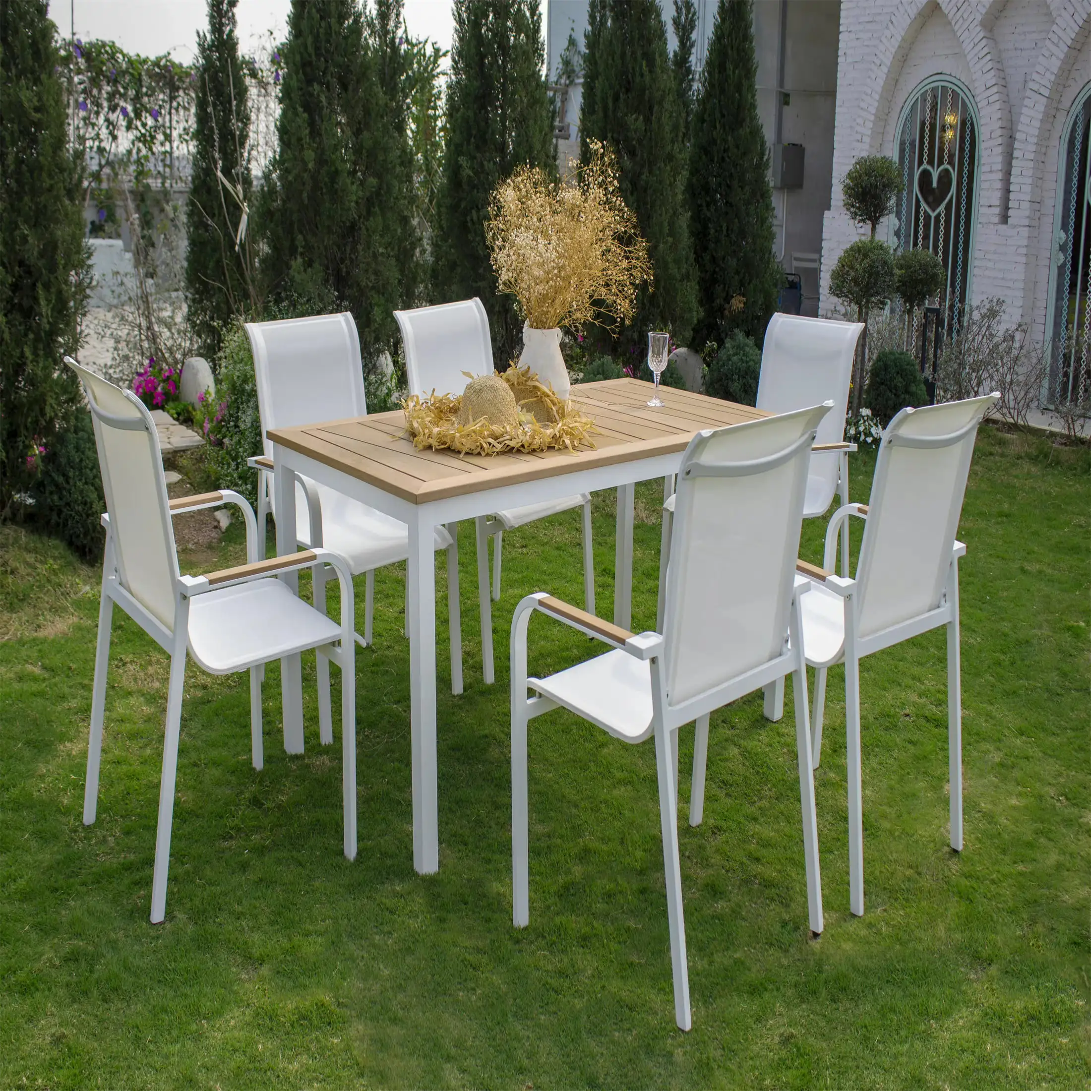 TALEMOHO 7 Pieces Outdoor Dining Set- One Table and Six Chairs- White and Natural