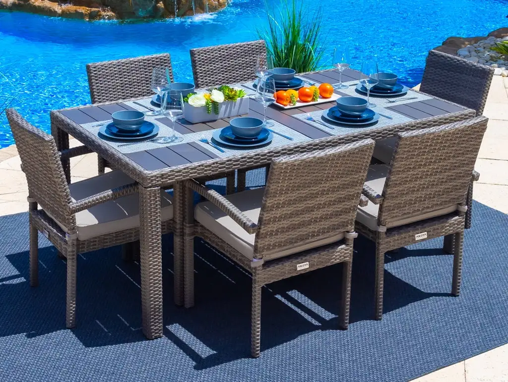 Sorrento 7-Piece Resin Wicker Outdoor Patio Furniture Dining Table Set in Gray w/ Dining Table and Six Cushioned Chairs (Flat-Weave Gray Wicker. Polyester Light Gray)