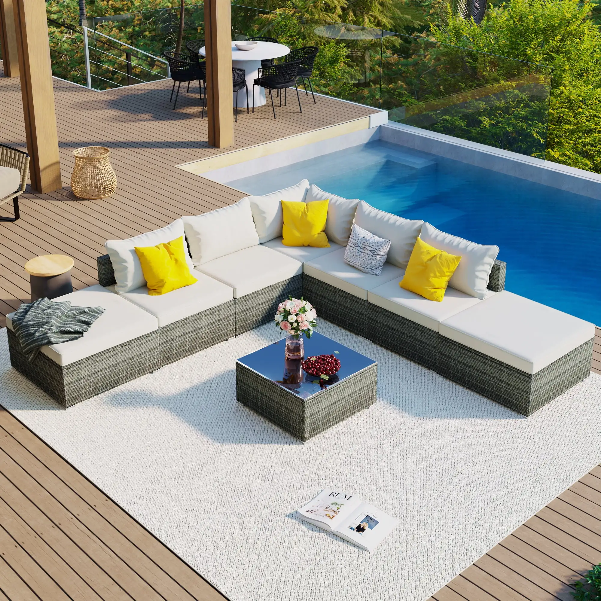 Churanty 8 Piece Outdoor Patio Furniture Set. Rattan Conversation Sectional Single Sofa Combinable for Pool. Backyard. Lawn. Garden. Beige Cushions Gray Wicker