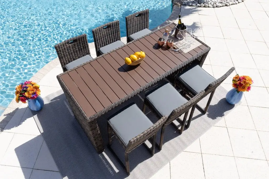 Tuscany 7-Piece Resin Wicker Outdoor Patio Furniture Bar Set with Bar Table and Six Bar Chairs (Half-Round Brown Wicker. Sunbrella Canvas Taupe)