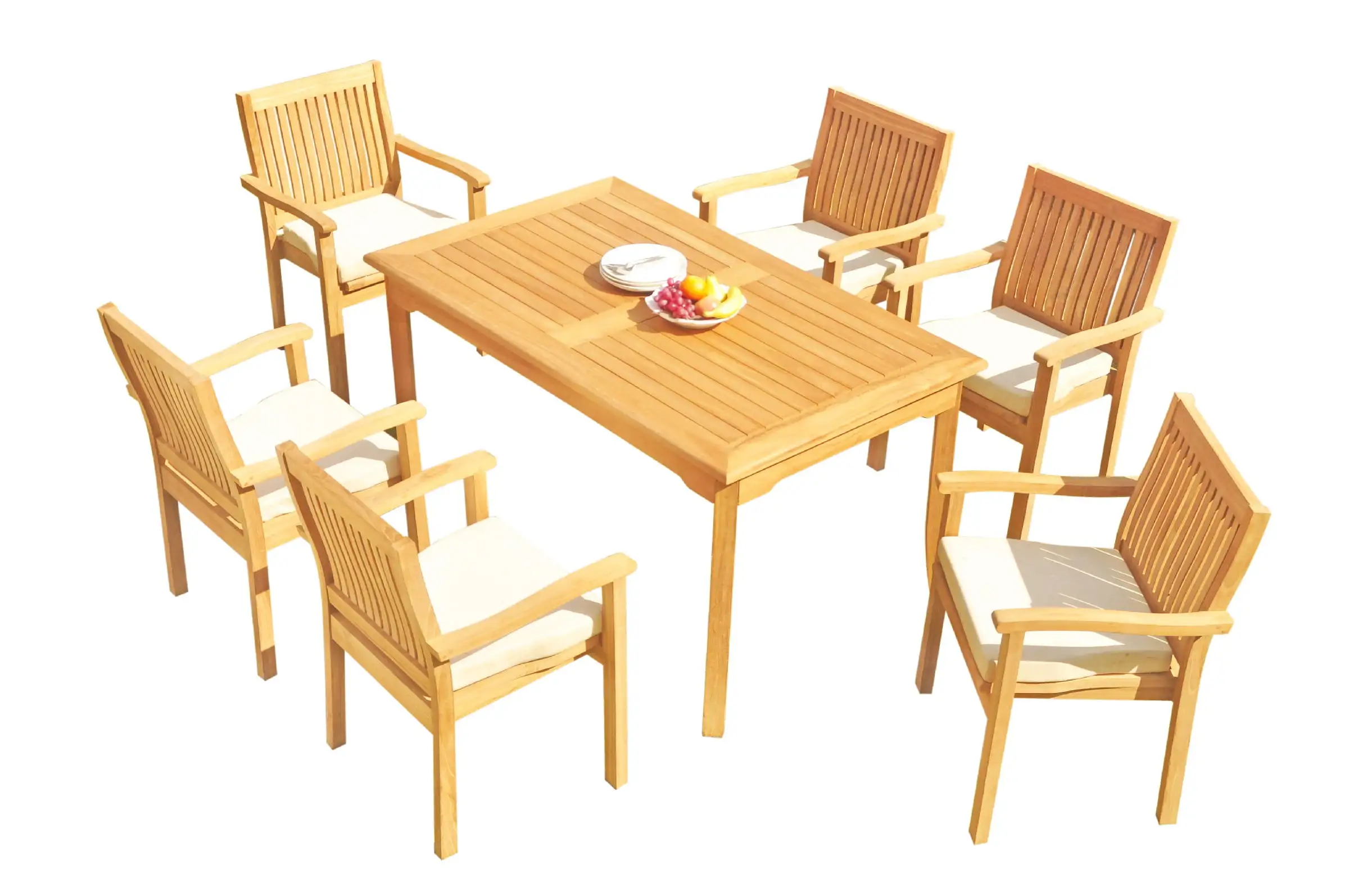 Grade-A Teak Dining Set: 6 Seater 7 Pc: 60 Rectangle Table And 6 Leveb Stacking Arm Chairs Outdoor Patio WholesaleTeak #51LV1307