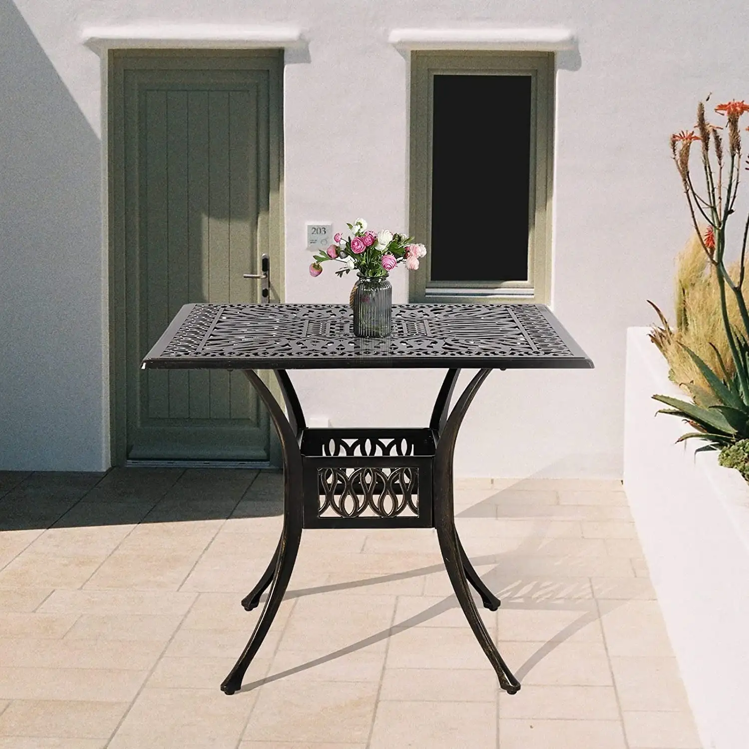 W WARMHOL Outdoor Cast Aluminum Patio Table. 35.4 Square Bistro Table with 2.2'' Umbrella Hole for Patio Furniture Garden Deck Backyard