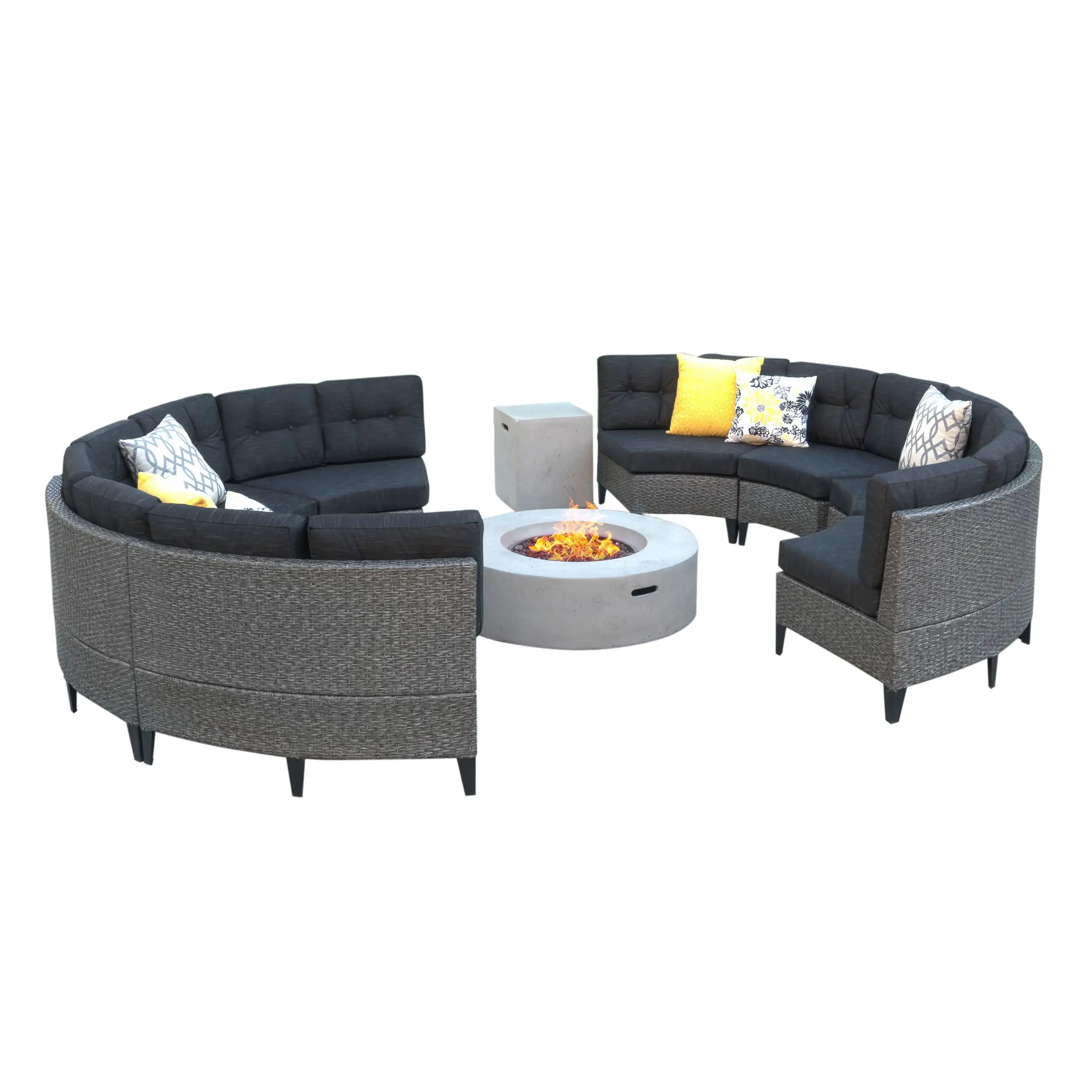 GDF Studio Marlen Outdoor Wicker 8 Seater Circular Sectional Sofa Set with Fire Pit. Dark Gray. Mixed Black. and Light Gray