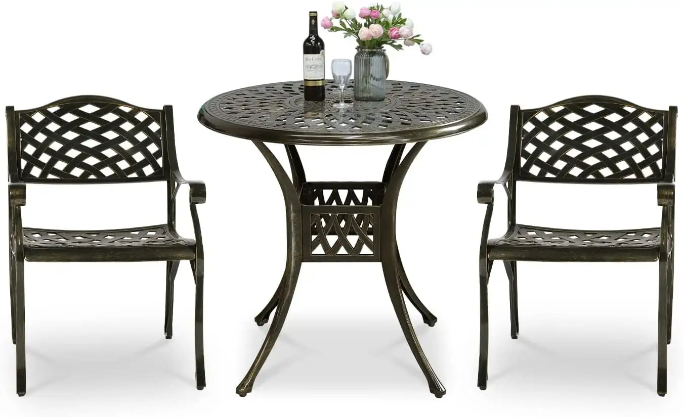 VIVIJASON 3-Piece Outdoor Patio Furniture Dining Set. All-Weather Cast Aluminum Bistro Table Set. Include 2 Chairs and 30.8 Round Table w/Umbrella Hole for Balcony. Lawn. Garden. Backyard