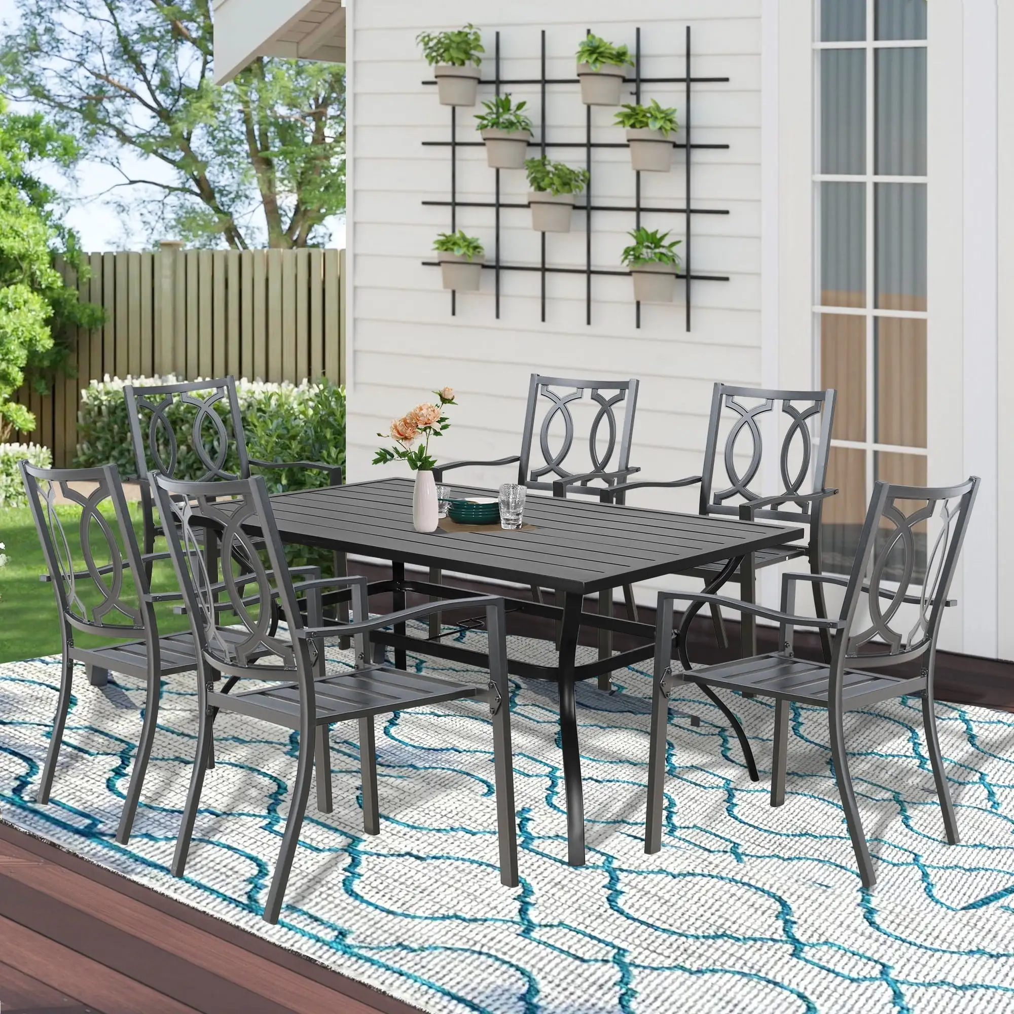 Ulax Furniture Outdoor 7 Pieces Patio Dining Set with 6 Steel Stackable Dining Arm Chairs. Rectangular Metal Slat Backyard Garden Table with 1.57 Umbrella Hole