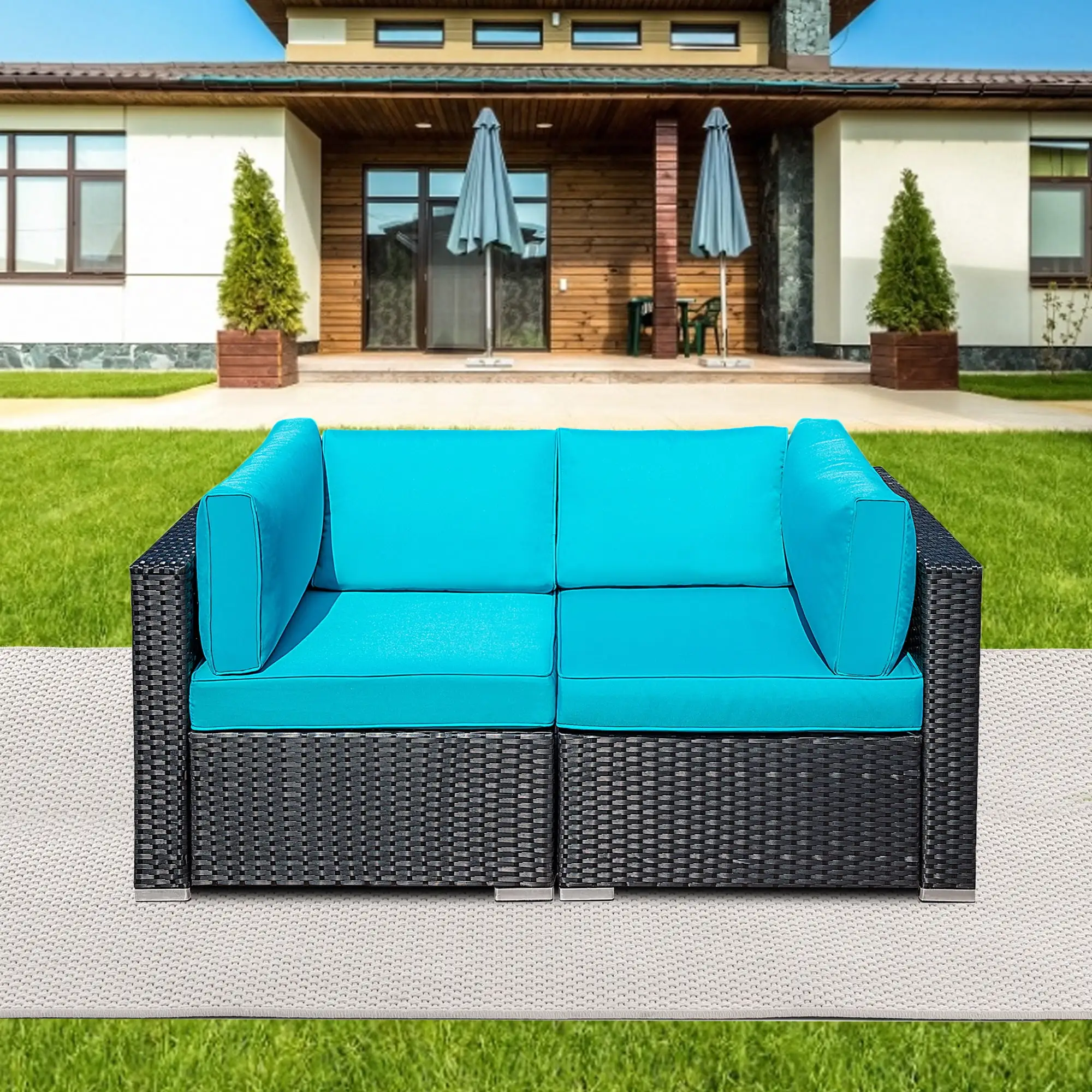 Superjoe Patio Loveseats 2 Piece Outdoor Rattan Sectional Corner Sofa Set. Black Wicker Blue Cushions