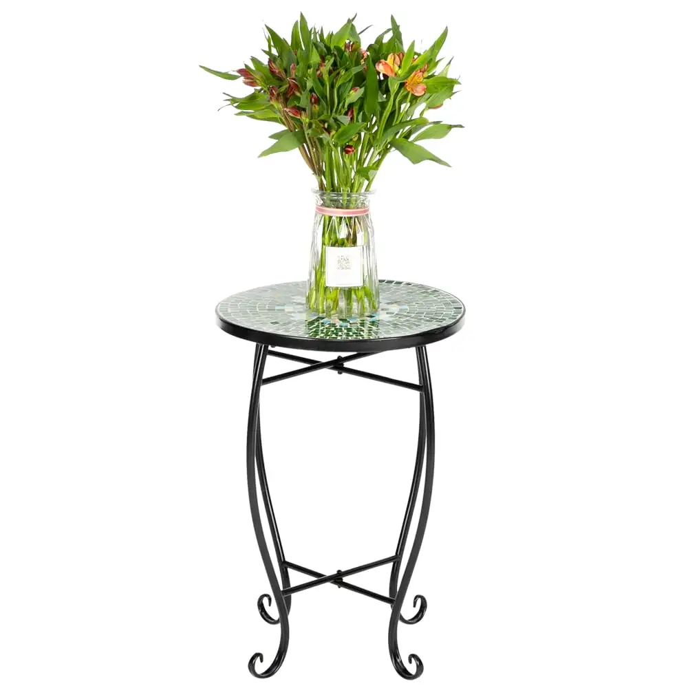 Artisasset Mosaic Round Terrace Bistro Table With Coloured Glass Green Flowers Mosaic