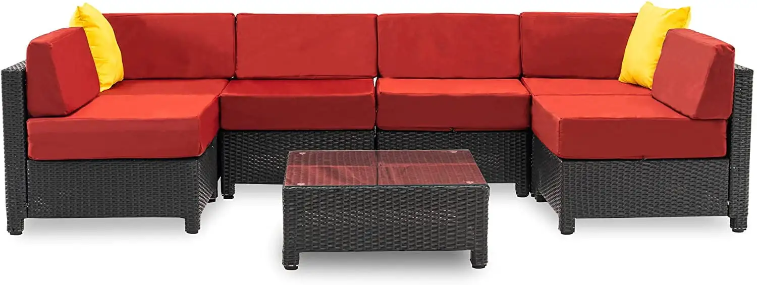 Mcombo Patio Furniture Sets 7 Pieces Outdoor Wicker Sectional Sofa Set Aluminum Frame Red Cushion Cover 6080-AL-7PC-CM