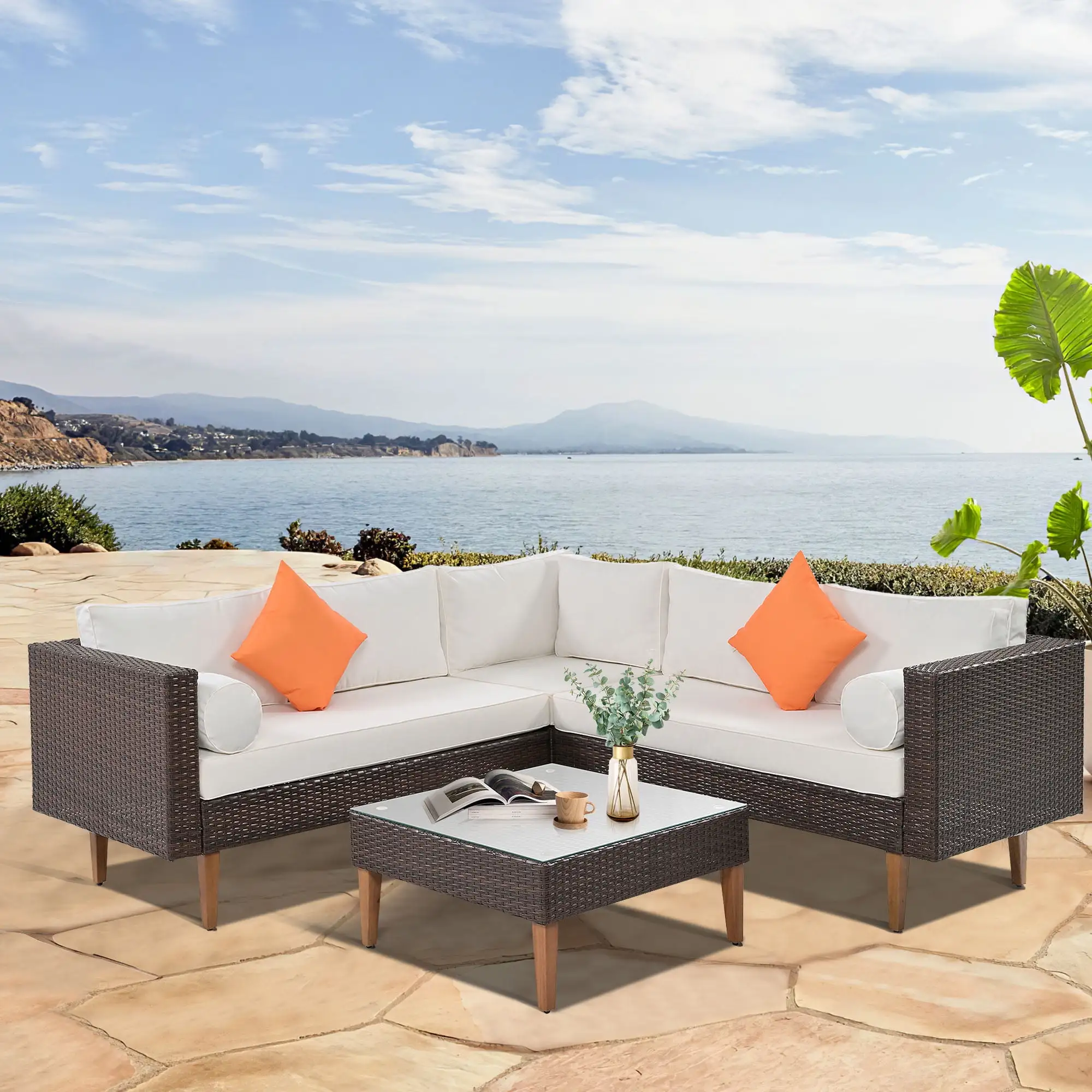 Churanty 4 Pieces Outdoor Patio L-shape Wicker Sofa Set Patio Rattan Furniture with Cushions and Coffee Table.Beige cushions and Brown Rattan