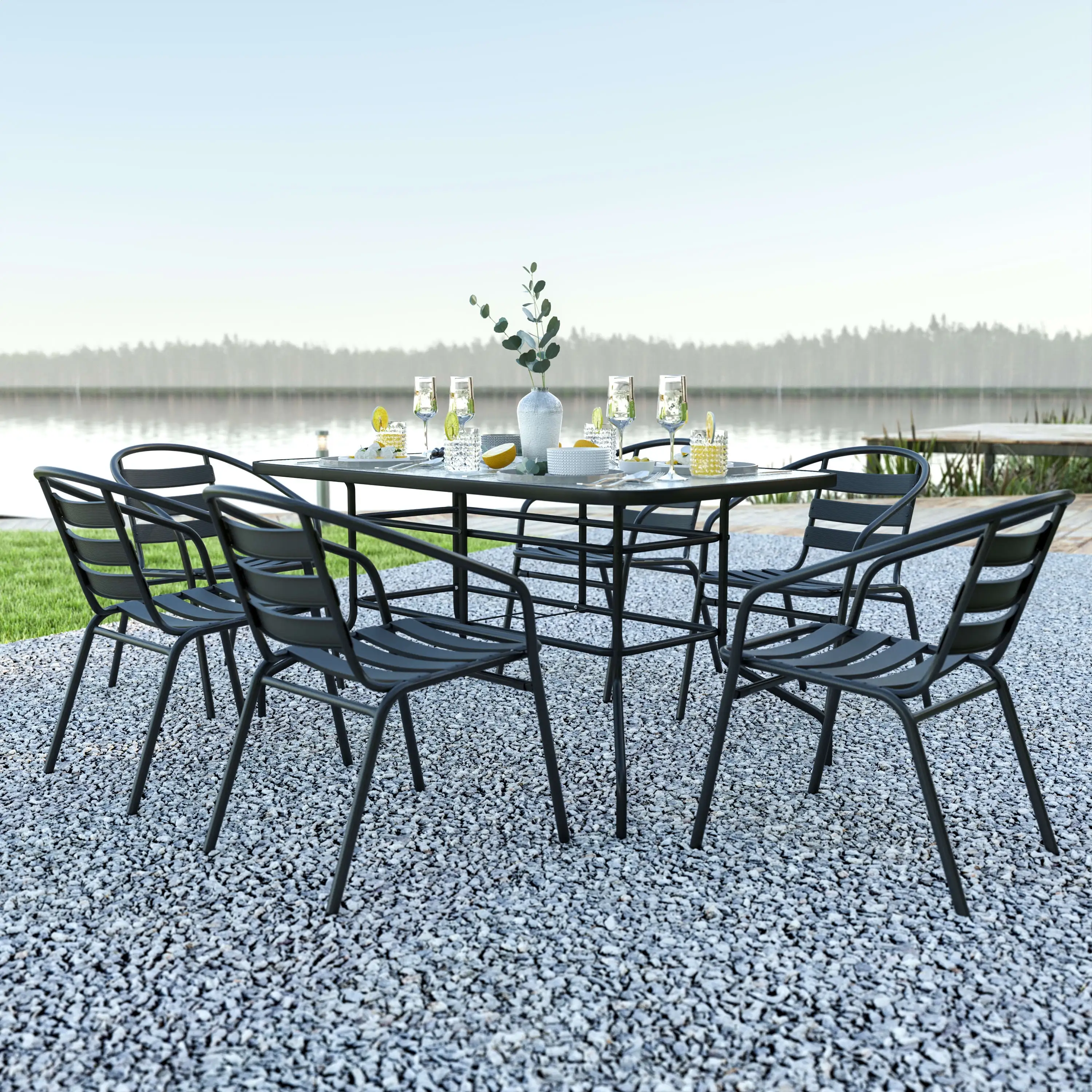 Emma + Oliver 7 Piece Patio Table & Chairs Set with 31.5x55 Rectangular Metal Table with Tempered Glass Top and 6 Black Aluminum Stacking Chairs