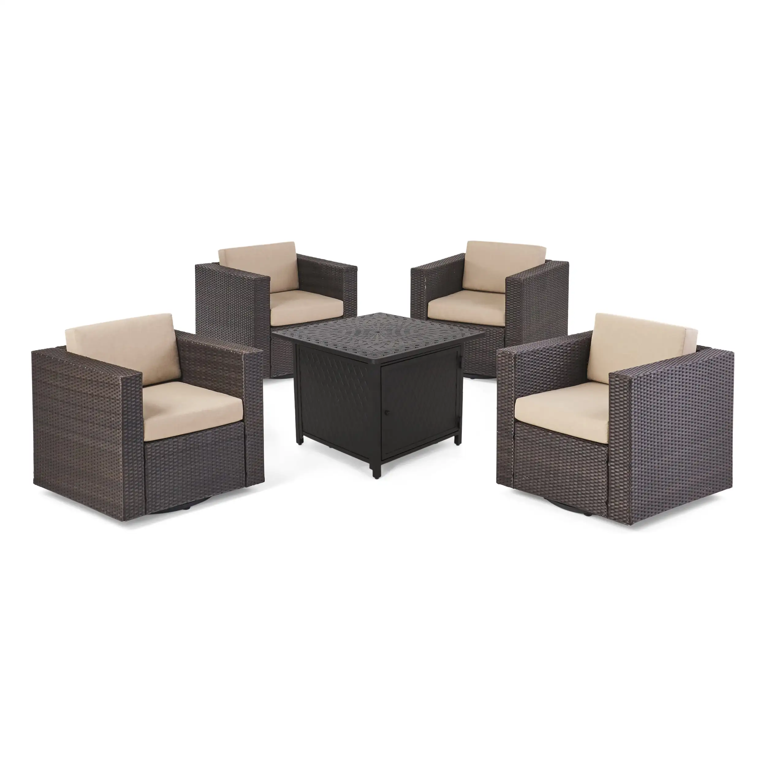 Montero Outdoor 4 Seater Wicker Swivel Chair and Fire Pit Set. Dark Brown. Beige. and Matte Black