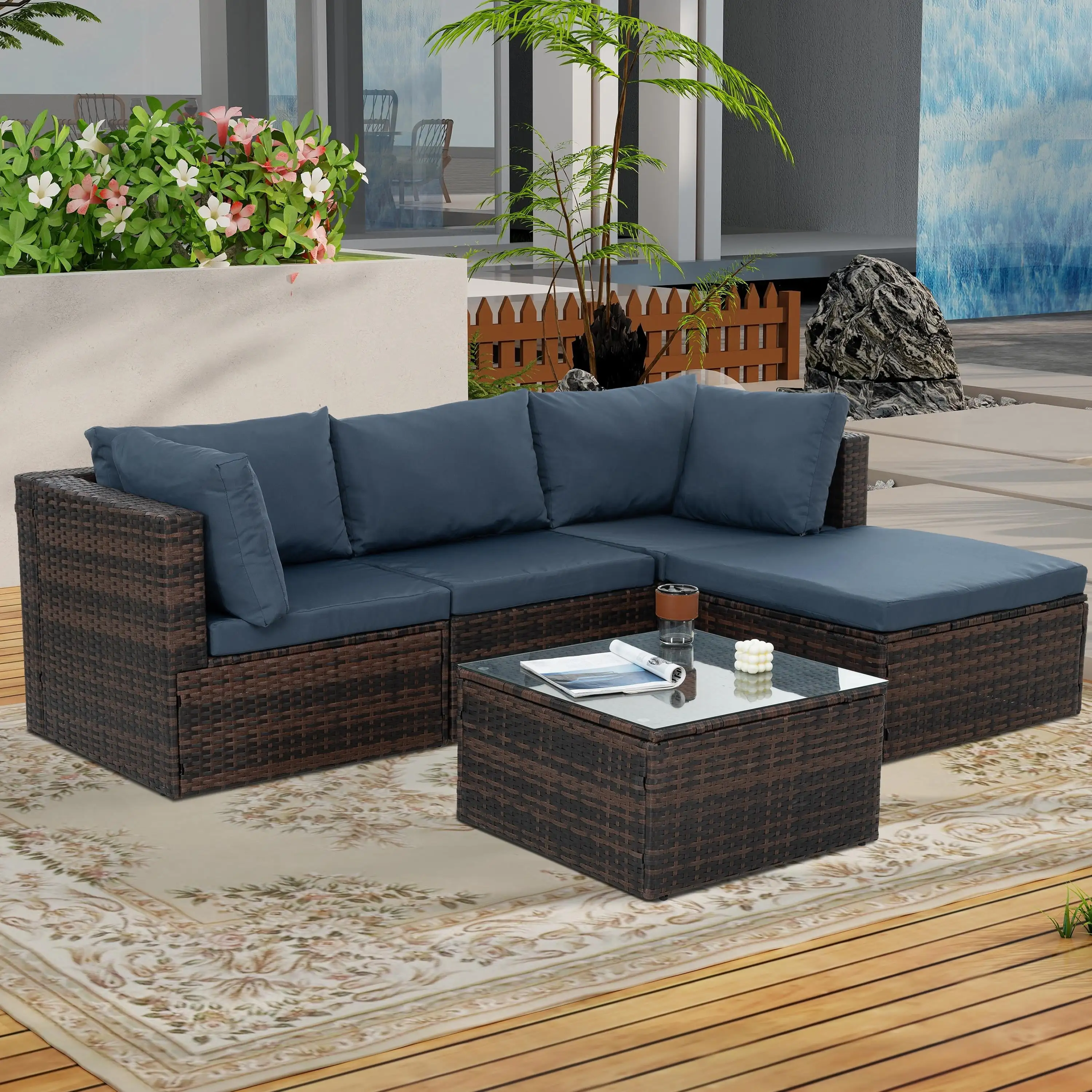 Wicker Patio Conversation Set. 5 Pcs Outdoor Sofa Set with Ottomans and Coffee Table. All-Weather Outdoor Furniture for Backyard Front Porch Deck Balcony. Brown Rattan+Gray Cushion