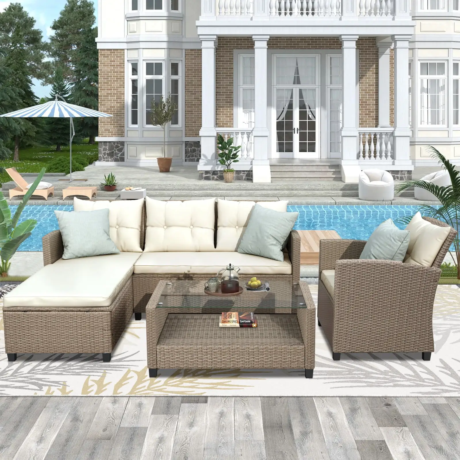 4 Pieces Patio Furniture Sets. Outdoor All-Weather Rattan Sectional Sofa Set. Garden Wicker Patio Conversation Set Balcony Cushioned Sofa Set with Glass Table. Loveseat Sofa. Arm Chair&Chaise Lounge