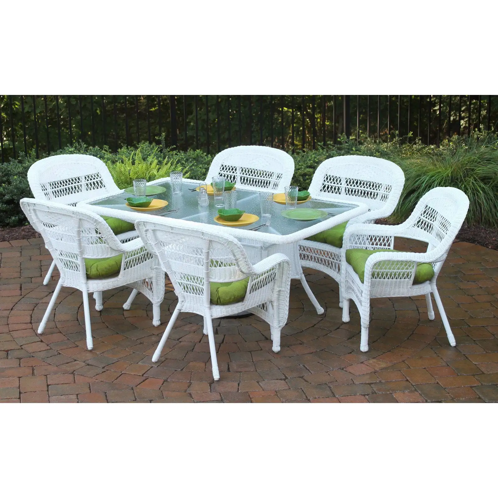 Tortuga Portside 7 Piece Patio Dining Set - Dark Roast Wicker with Haliwell Caribbean Cushions