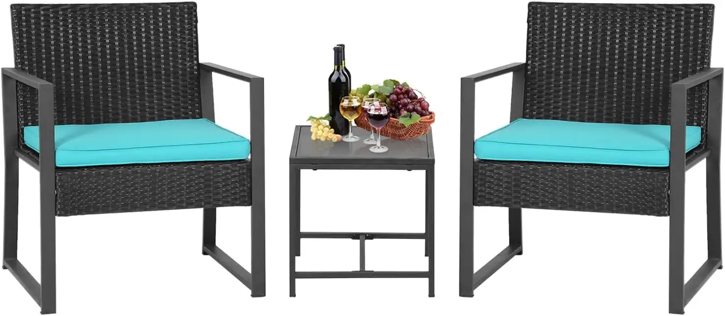 YRLLENSDAN 3 Piece Outdoor Bistro Set Patio Furniture Sets Wicker Patio Chairs Rattan Outdoor Furniture for Backyard Porch Poolside Lawn.Blue Cushion