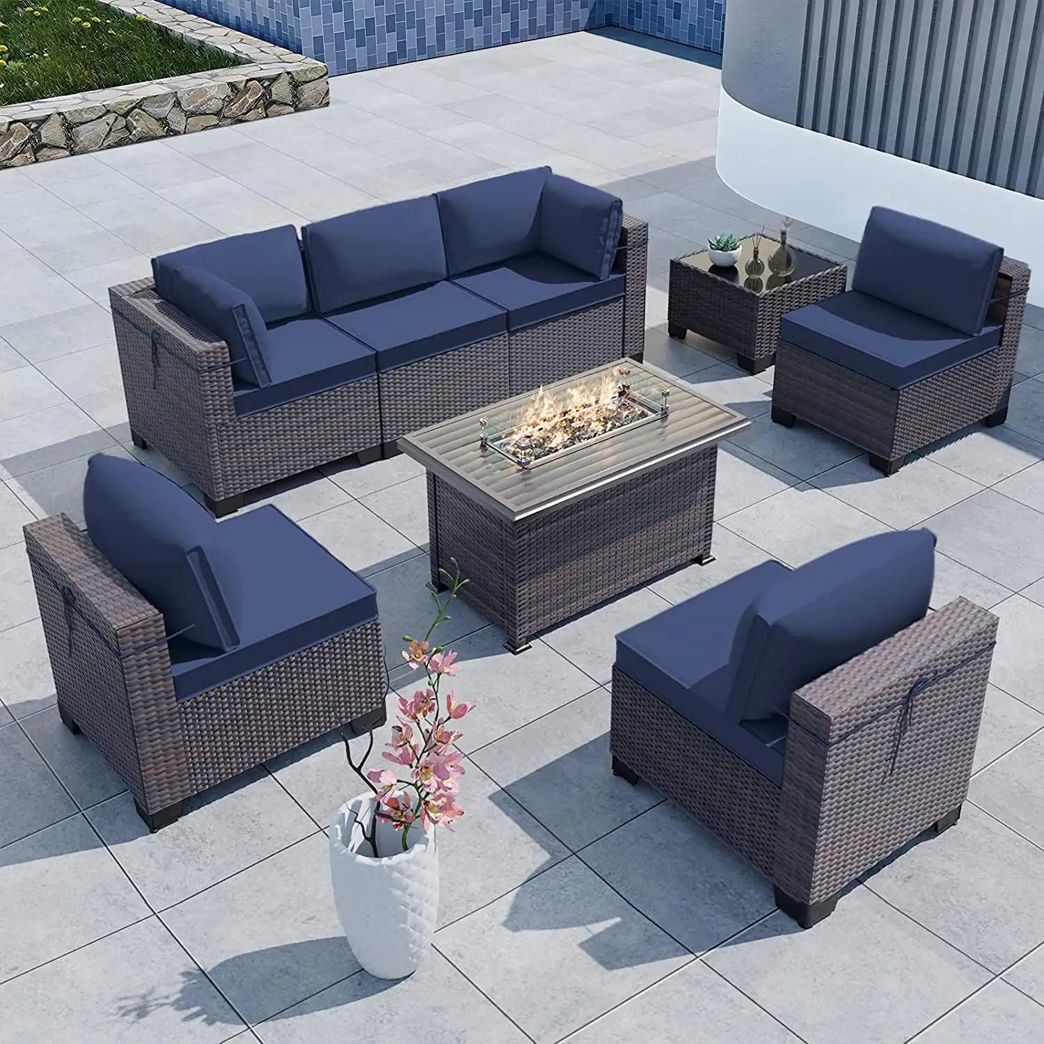 simple 8PCS Outdoor Patio Furniture Set with 43" 55000BTU Gas Propane Fire Pit Table PE Wicker Rattan Sectional Sofa Patio Conversation Sets Navy Blue