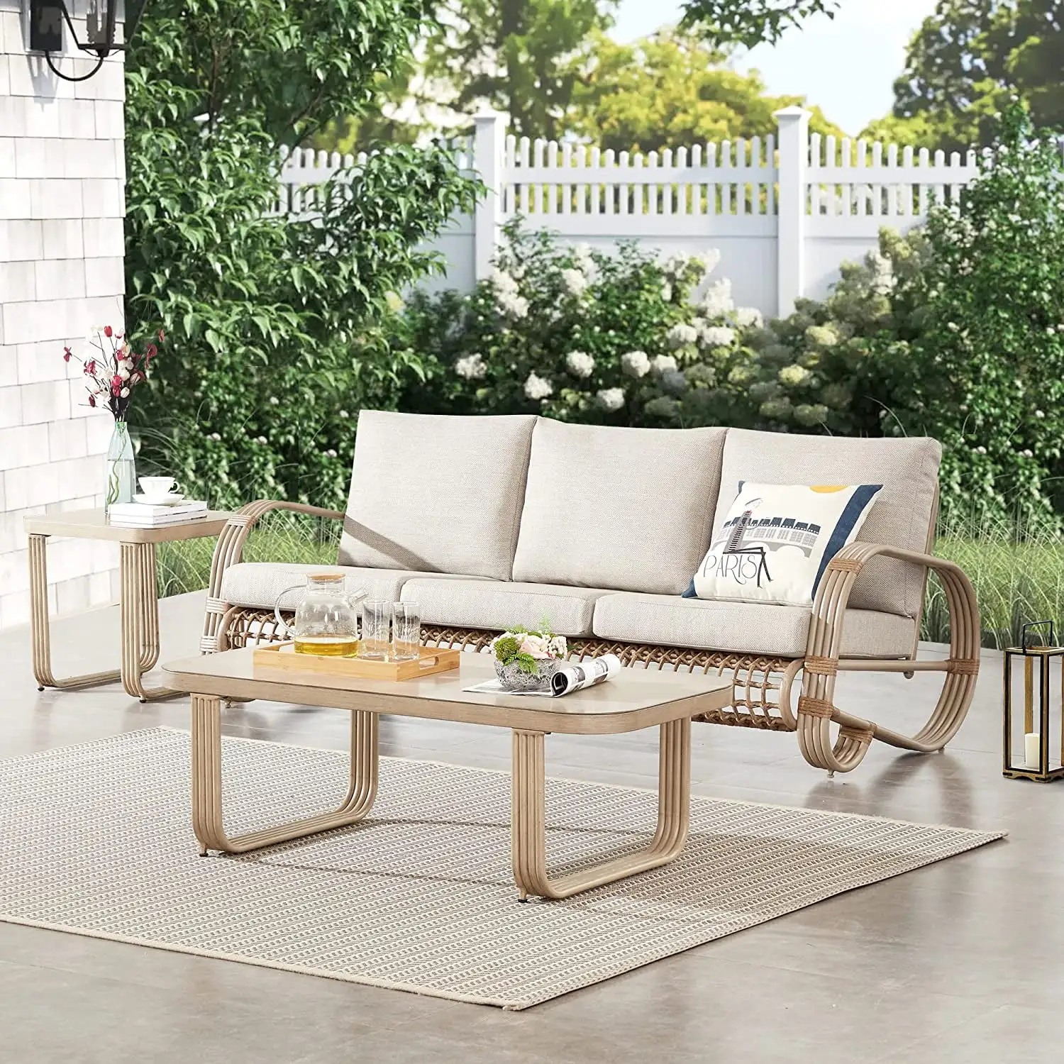 simple Furniture Outdoor 3-Piece Sofa Set Patio Conversation Furniture Set with One 3-Seater Sofa Coffee Table and Side Table Outdoor Deep Seating Aluminum Lounge Chairs