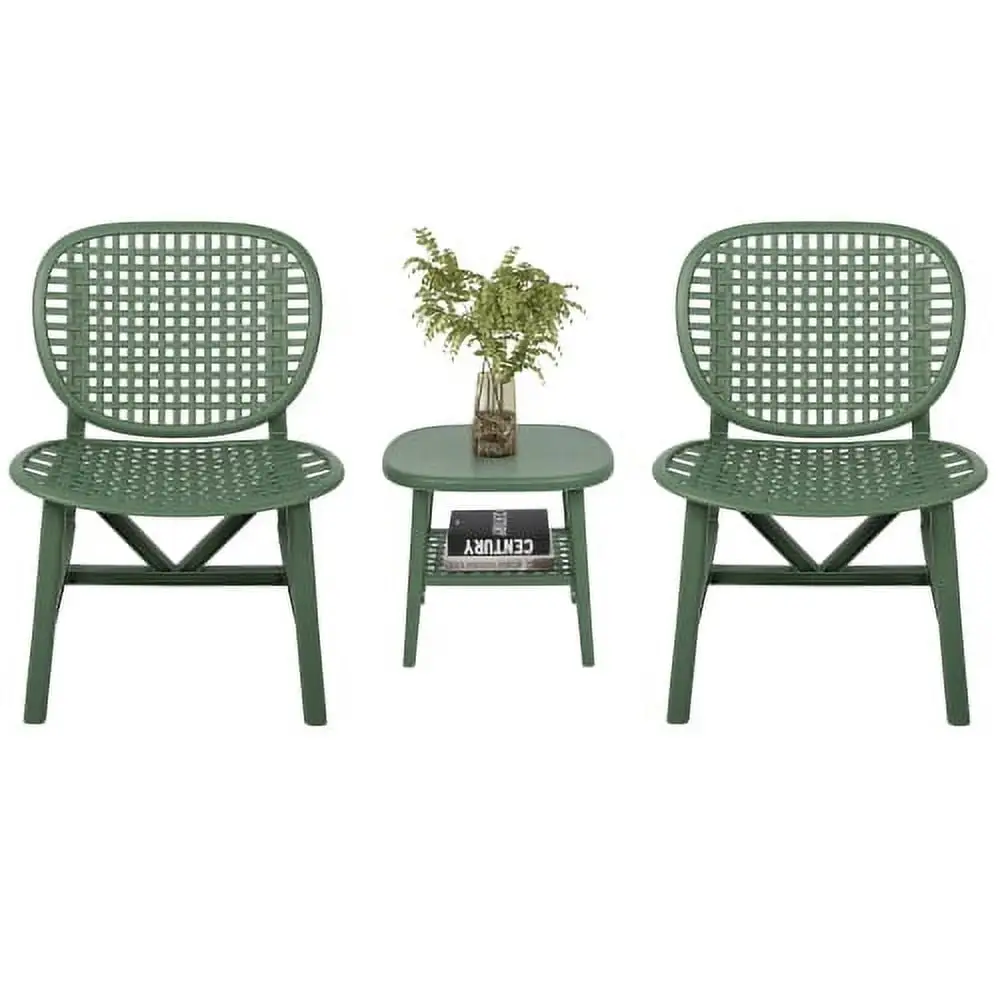 tunuo 3 Pieces Hollow Design Outdoor Patio Table Chair Set All Weather Conversation Bistro Set Coffee Table with Open Shelf and Lounge Chairs. Green