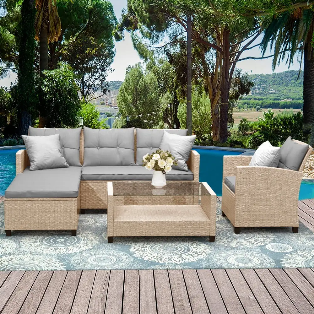 uhomepro 4-Piece Outdoor Sectional Sofa Set with Loveseat and Lounge Sofa. Armchair. Patio Furniture Set with Coffee Table. All-Weather Wicker Furniture Conversation Set for Backyard Pool. Q11963