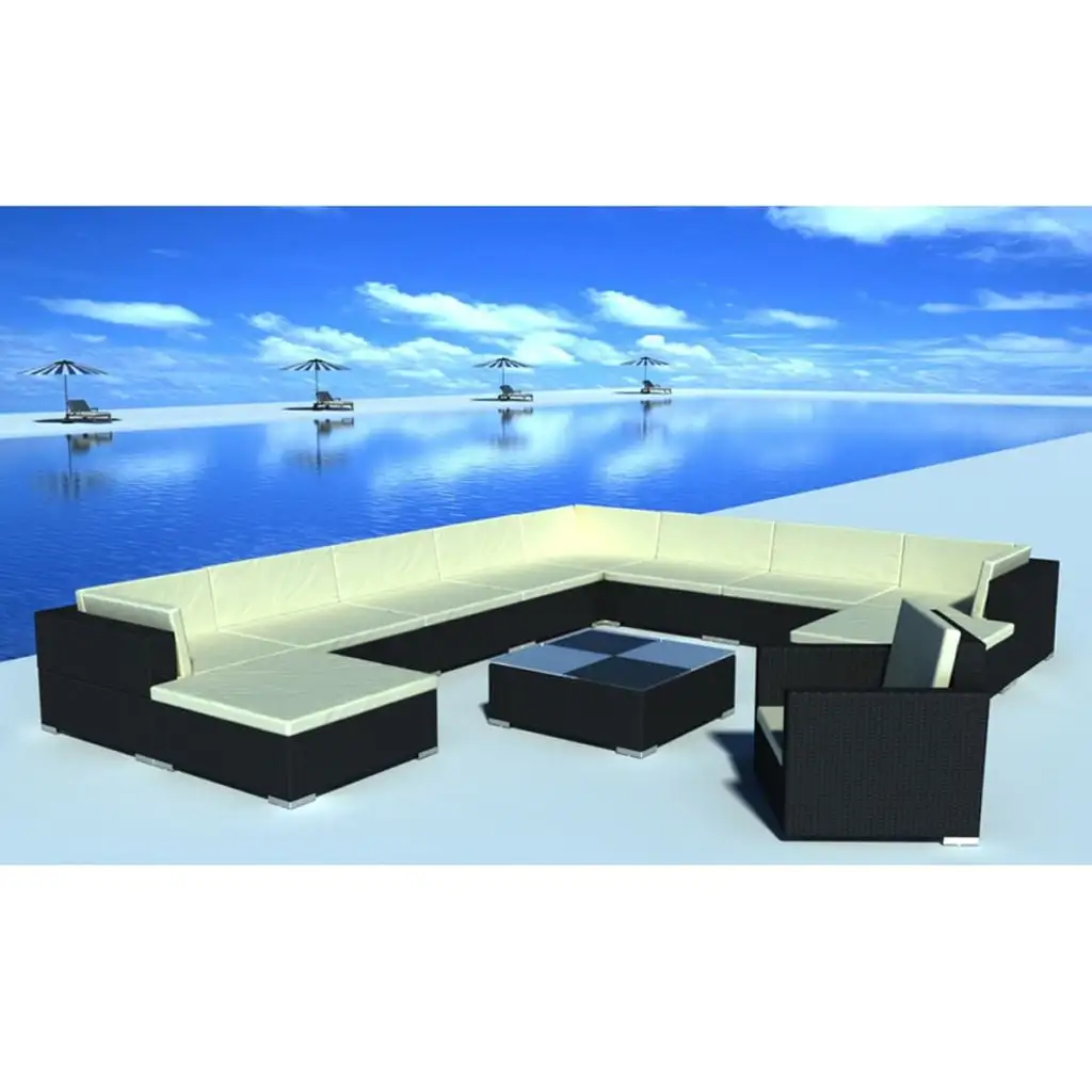 vidaXL 12 Piece Patio Lounge Set with Cushions Poly Rattan Black