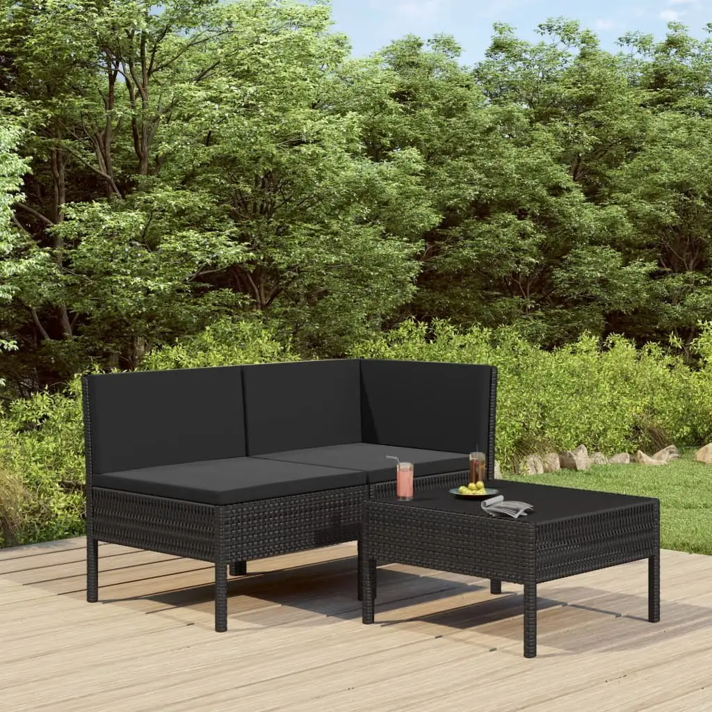 vidaXL 3 Piece Patio Lounge Set with Cushions Poly Rattan Black