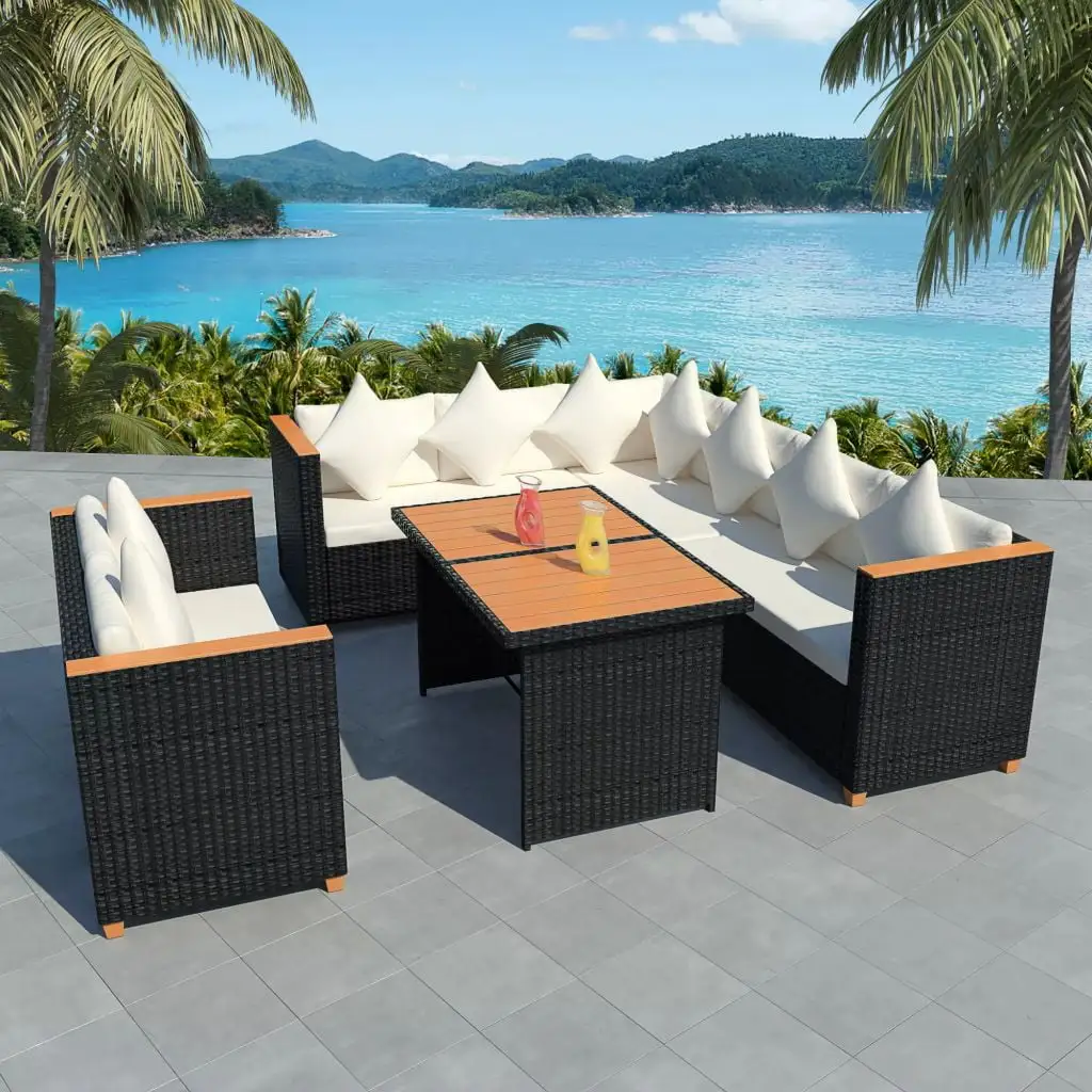 vidaXL 5 Piece Patio Lounge Set with Cushions Poly Rattan Black