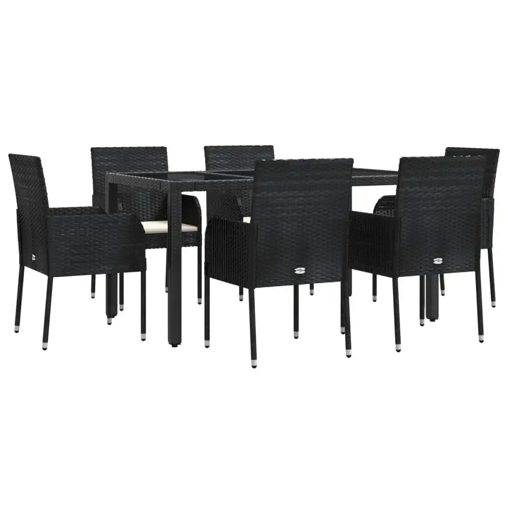 vidaXL 7 Piece Patio Dining Set with Cushions Black Poly Rattan