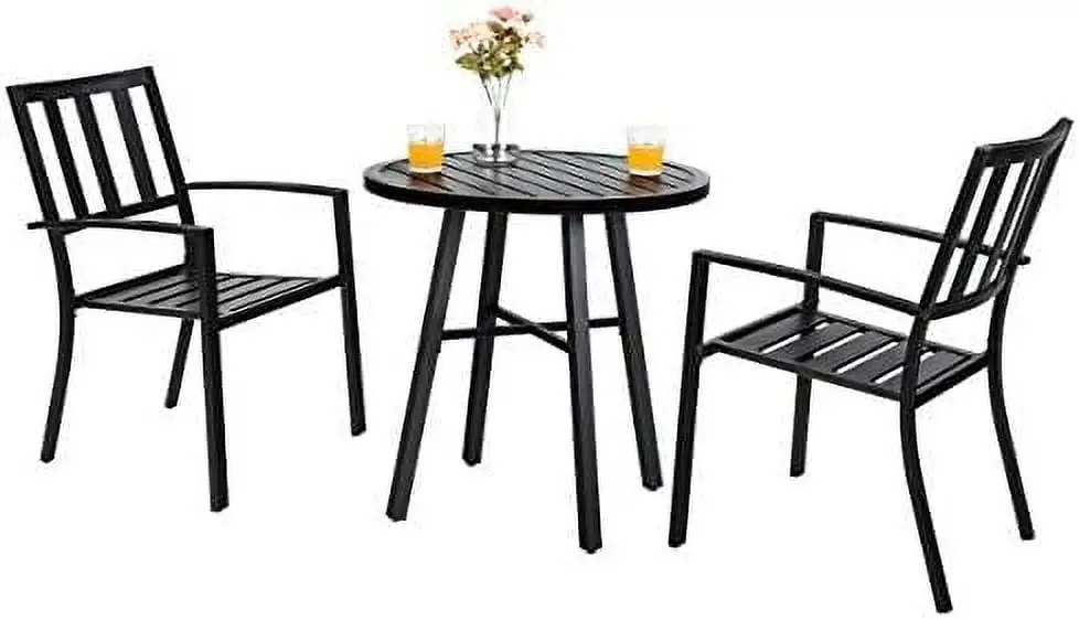 xrboomlife 3 Piece Outdoor Patio Bistro Dining Set Slatted Metal Round Table & 2 Patio Chairs Outdoor Set for Porch Deck