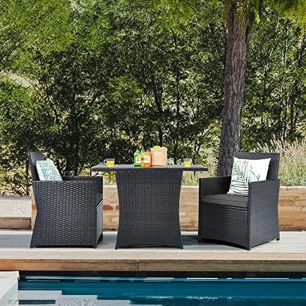 xrboomlife 3 Pieces Patio Dining Set Outdoor Rattan Bistro Set with Cushions Tempered Glass Tabletop Wicker Conversation Set for Garden Backyard Poolside Porch Turquoise