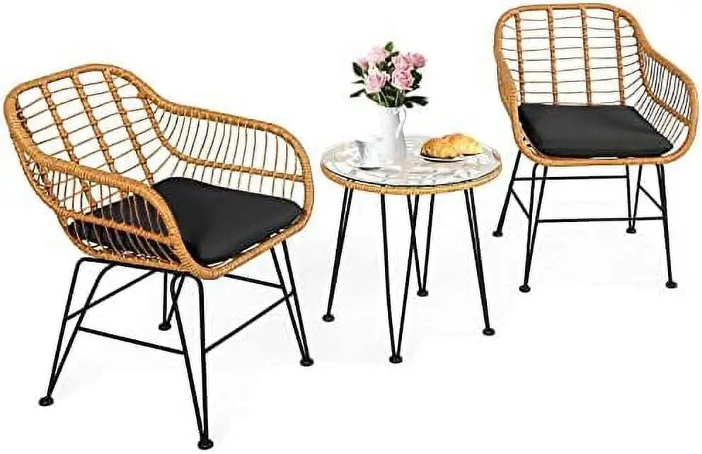 xrboomlife 3 Pieces Rattan Bistro Set with Steel Frame Round Coffee Table Soft Cushions Rattan Bistro Set