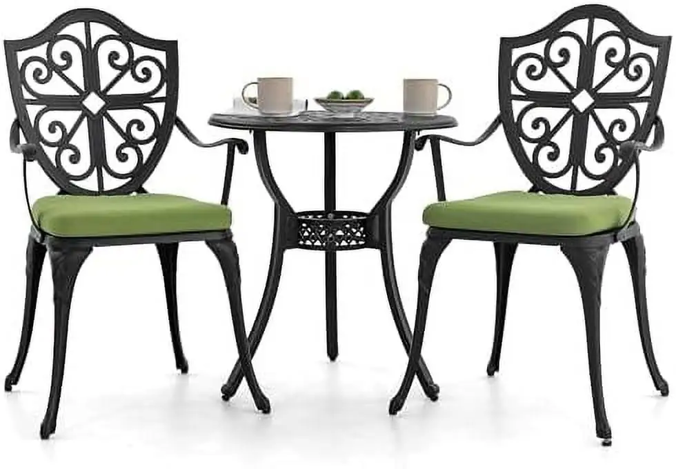 xrboomlife Bistro Set 3 Piece Outdoor Cast Aluminum Patio Bistro Sets with Umbrella Hole and Green Cushions Bistro Table and Chairs Set of 2 for Patio Backyard Black