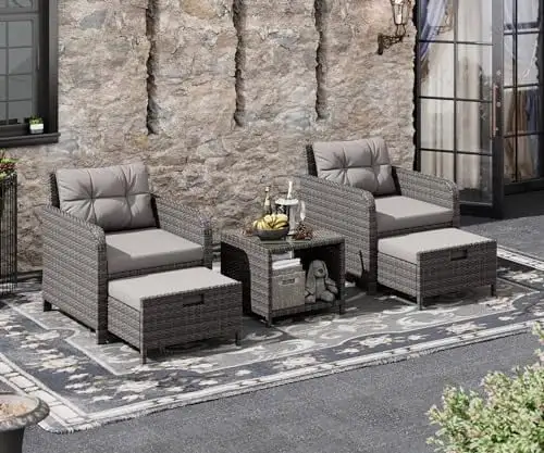 xrboomlife Outdoor Patio Wicker 5-Piece Set No Assembly Required All-Weather Rattan Conversation Bistro & Table for Garden Porch Balcony and Deck (Black)