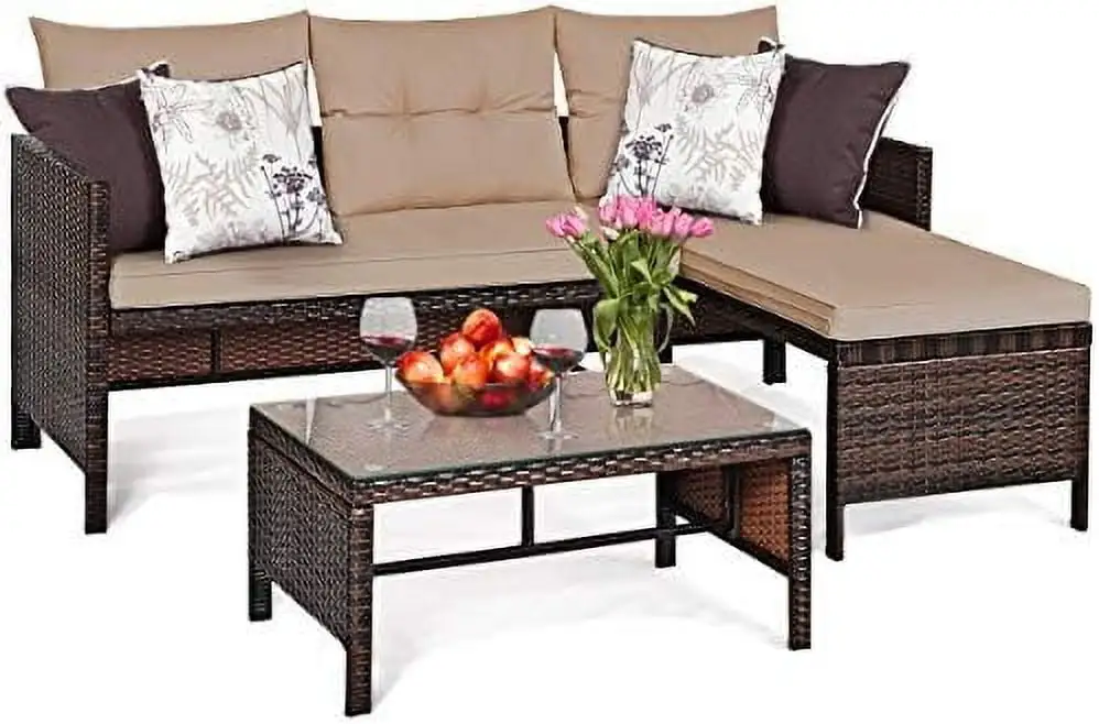 xrboomlife Patio Corner Sofa Set 3 Piece Outdoor Rattan Sofa Set Includes Lounge Chaise Loveseat & Coffee Table Patio Garden Poolside Lawn Backyard