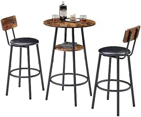 xrboomlife Table and Chair Set for 2 Small Round Bistro Coffe Table & PU Upholstered Stools with Backrest High Top Pub Set for Kitchen Dining Room Grey